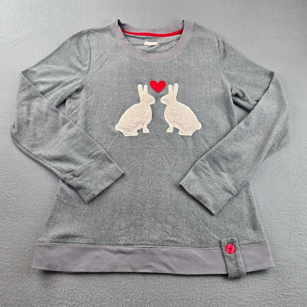 Layla Pullover Sweatshirt Womens S Gray Textured Rabbit Red Heart Between Them